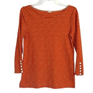 J Crew Orange Striped Top XS Cotton 3/4 Sleeve Coastal Preppy